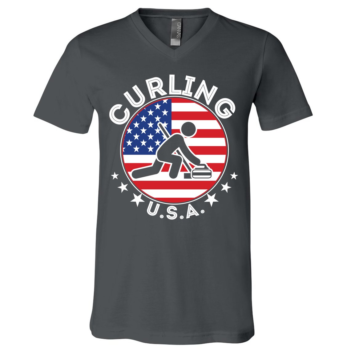 Cool USA Curling Team Flag Emblem Logo V-Neck T-Shirt