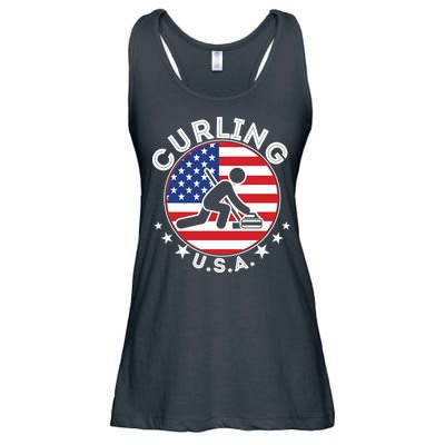 Cool USA Curling Team Flag Emblem Logo Ladies Essential Flowy Tank