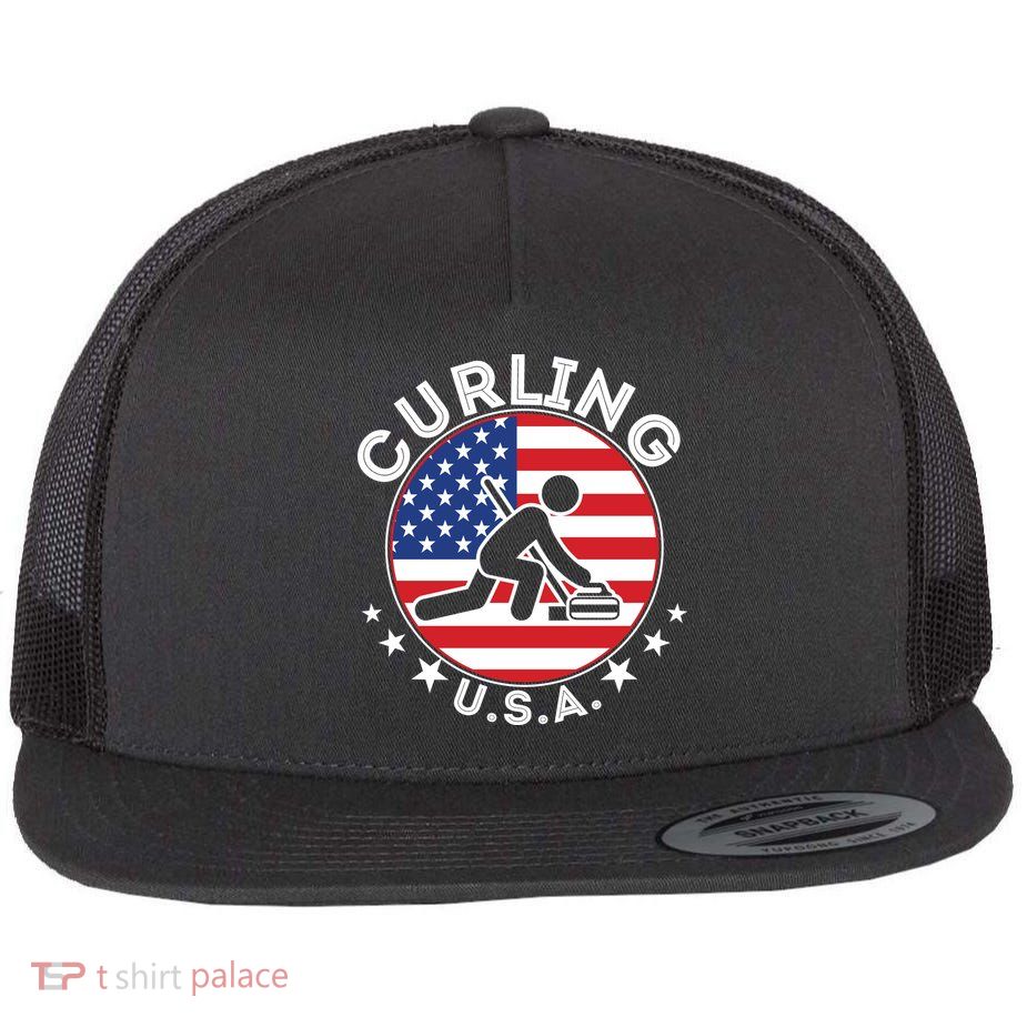 Cool USA Curling Team Flag Emblem Logo Flatbill Hat