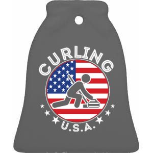 Cool USA Curling Team Flag Emblem Logo Ceramic Bell Ornament