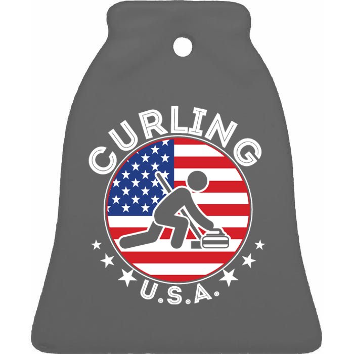 Cool USA Curling Team Flag Emblem Logo Ceramic Bell Ornament