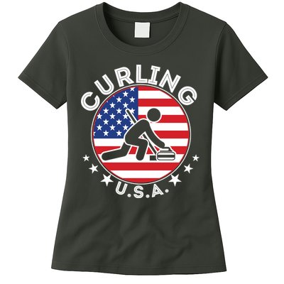 Cool USA Curling Team Flag Emblem Logo Womens T-Shirt