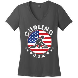 Cool USA Curling Team Flag Emblem Logo Women's V-Neck T-Shirt