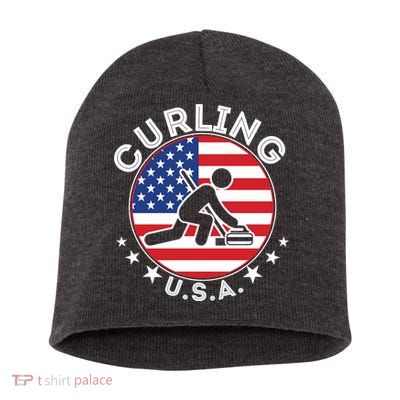 Cool USA Curling Team Flag Emblem Logo Short Acrylic Beanie