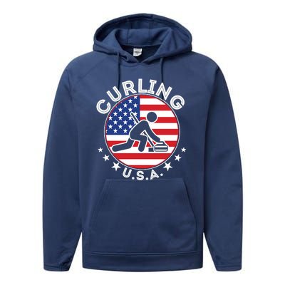 Cool USA Curling Team Flag Emblem Logo Performance Fleece Hoodie