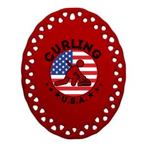 Cool USA Curling Team Flag Emblem Logo Ceramic Oval Ornament