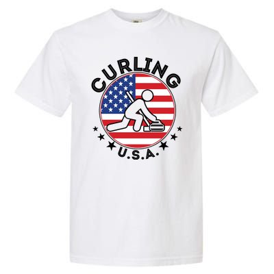 Cool USA Curling Team Flag Emblem Logo Garment-Dyed Heavyweight T-Shirt