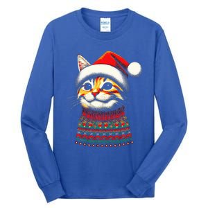 Cat Ugly Christmas Sweater Pajamas  Tall Long Sleeve T-Shirt