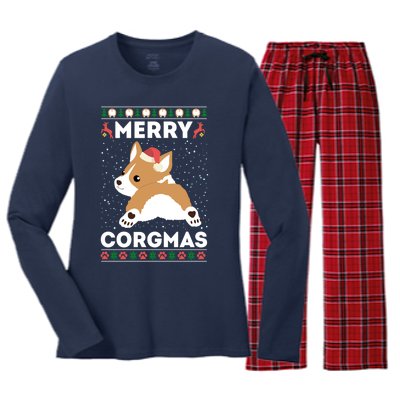 Corgi Ugly Christmas Sweater Style Merry Corgmas Santa Corgi Women's Long Sleeve Flannel Pajama Set 