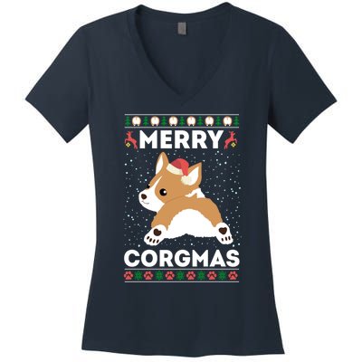 Corgi Ugly Christmas Sweater Style Merry Corgmas Santa Corgi Women's V-Neck T-Shirt