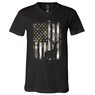 Camo Us Flag Deer Elk Buck Camoflage Hunting Hunter Dad V-Neck T-Shirt