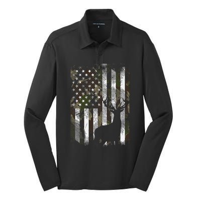 Camo Us Flag Deer Elk Buck Camoflage Hunting Hunter Dad Silk Touch Performance Long Sleeve Polo