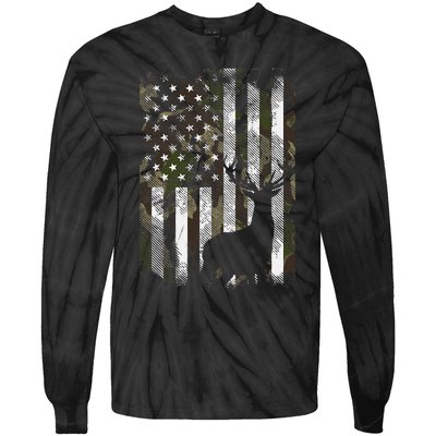 Camo Us Flag Deer Elk Buck Camoflage Hunting Hunter Dad Tie-Dye Long Sleeve Shirt