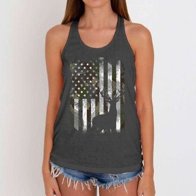 Camo Us Flag Deer Elk Buck Camoflage Hunting Hunter Dad Women's Knotted Racerback Tank