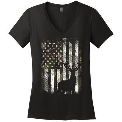 Camo Us Flag Deer Elk Buck Camoflage Hunting Hunter Dad Women's V-Neck T-Shirt