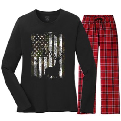 Camo Us Flag Deer Elk Buck Camoflage Hunting Hunter Dad Women's Long Sleeve Flannel Pajama Set 