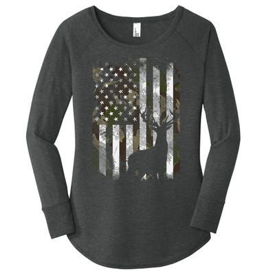 Camo Us Flag Deer Elk Buck Camoflage Hunting Hunter Dad Women's Perfect Tri Tunic Long Sleeve Shirt