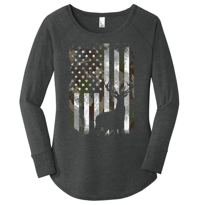 Camo Us Flag Deer Elk Buck Camoflage Hunting Hunter Dad Women's Perfect Tri Tunic Long Sleeve Shirt