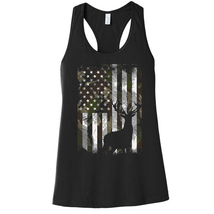 Camo Us Flag Deer Elk Buck Camoflage Hunting Hunter Dad Women's Racerback Tank