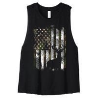 Camo Us Flag Deer Elk Buck Camoflage Hunting Hunter Dad Women's Racerback Cropped Tank