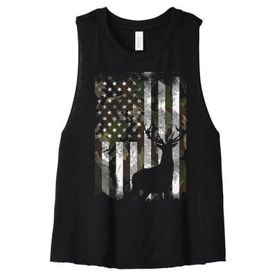 Camo Us Flag Deer Elk Buck Camoflage Hunting Hunter Dad Women's Racerback Cropped Tank