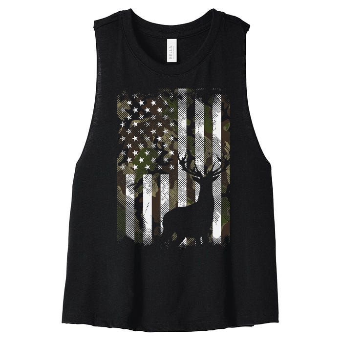 Camo Us Flag Deer Elk Buck Camoflage Hunting Hunter Dad Women's Racerback Cropped Tank