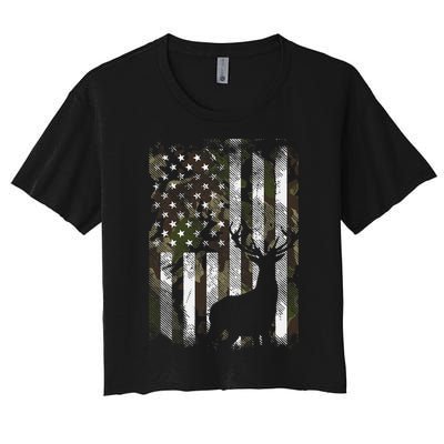 Camo Us Flag Deer Elk Buck Camoflage Hunting Hunter Dad Women's Crop Top Tee