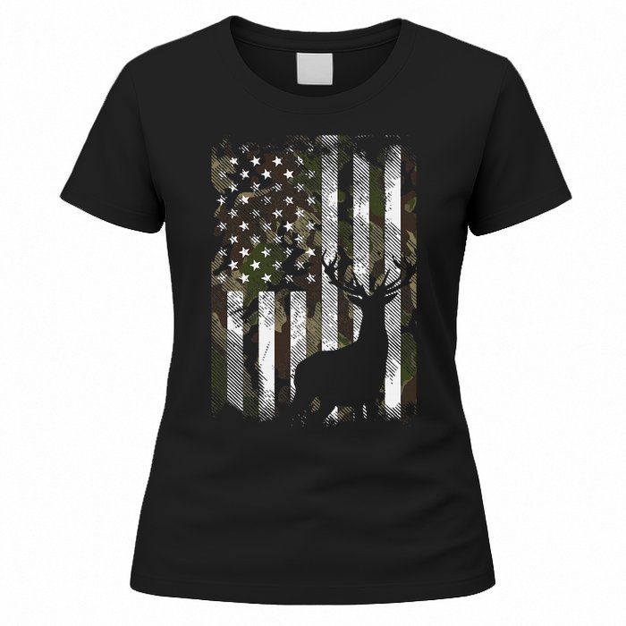 Camo Us Flag Deer Elk Buck Camoflage Hunting Hunter Dad Women's T-Shirt