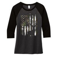 Camo Us Flag Deer Elk Buck Camoflage Hunting Hunter Dad Women's Tri-Blend 3/4-Sleeve Raglan Shirt