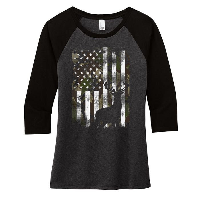 Camo Us Flag Deer Elk Buck Camoflage Hunting Hunter Dad Women's Tri-Blend 3/4-Sleeve Raglan Shirt