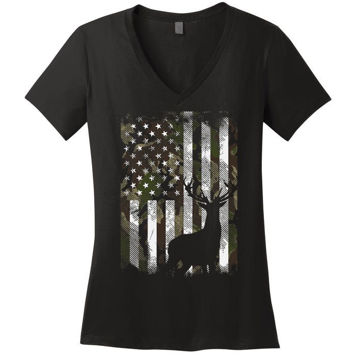 Camo Us Flag Deer Elk Buck Camoflage Hunting Hunter Dad Women's V-Neck T-Shirt