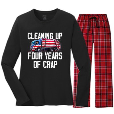 Cleaning Up Four Years Of Crap Funny Trump Garbage Truck Women's Long Sleeve Flannel Pajama Set 