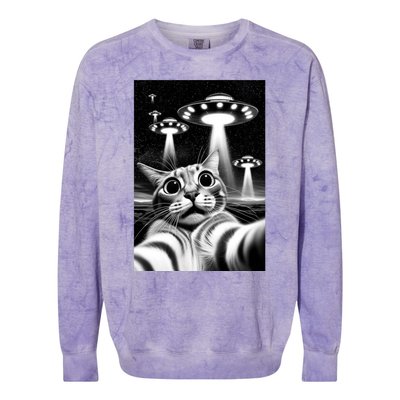 Cat Ufo | Funny Invasion Meme Retro Alien Cat Ufo Selfie Colorblast Crewneck Sweatshirt