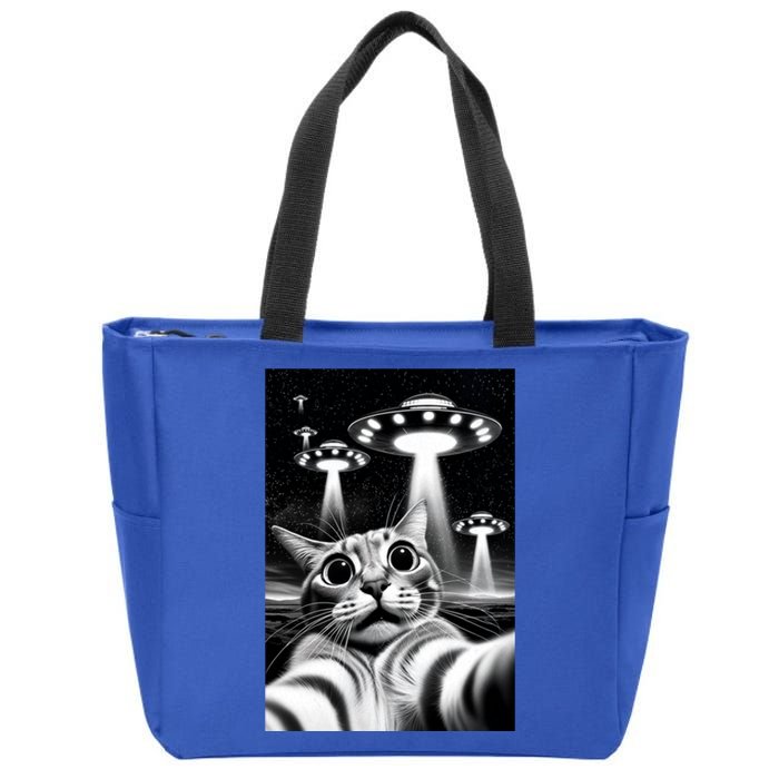 Cat Ufo | Funny Invasion Meme Retro Alien Cat Ufo Selfie Zip Tote Bag