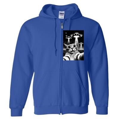 Cat Ufo | Funny Invasion Meme Retro Alien Cat Ufo Selfie Full Zip Hoodie