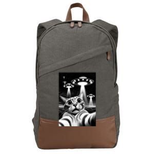 Cat Ufo | Funny Invasion Meme Retro Alien Cat Ufo Selfie Cotton Canvas Backpack