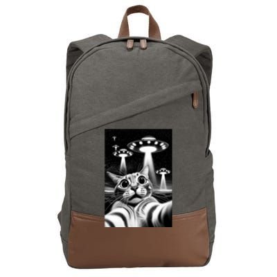 Cat Ufo | Funny Invasion Meme Retro Alien Cat Ufo Selfie Cotton Canvas Backpack