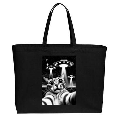 Cat Ufo | Funny Invasion Meme Retro Alien Cat Ufo Selfie Cotton Canvas Jumbo Tote