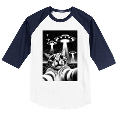 Cat Ufo | Funny Invasion Meme Retro Alien Cat Ufo Selfie Baseball Sleeve Shirt