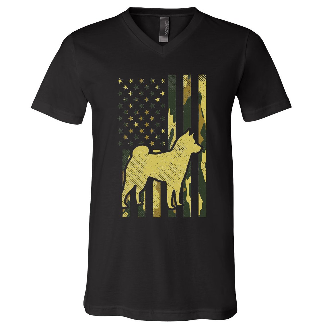 Camo Us Flag Shiba Inu Akita Pet Japanese Dog Patriotic Gift V-Neck T-Shirt