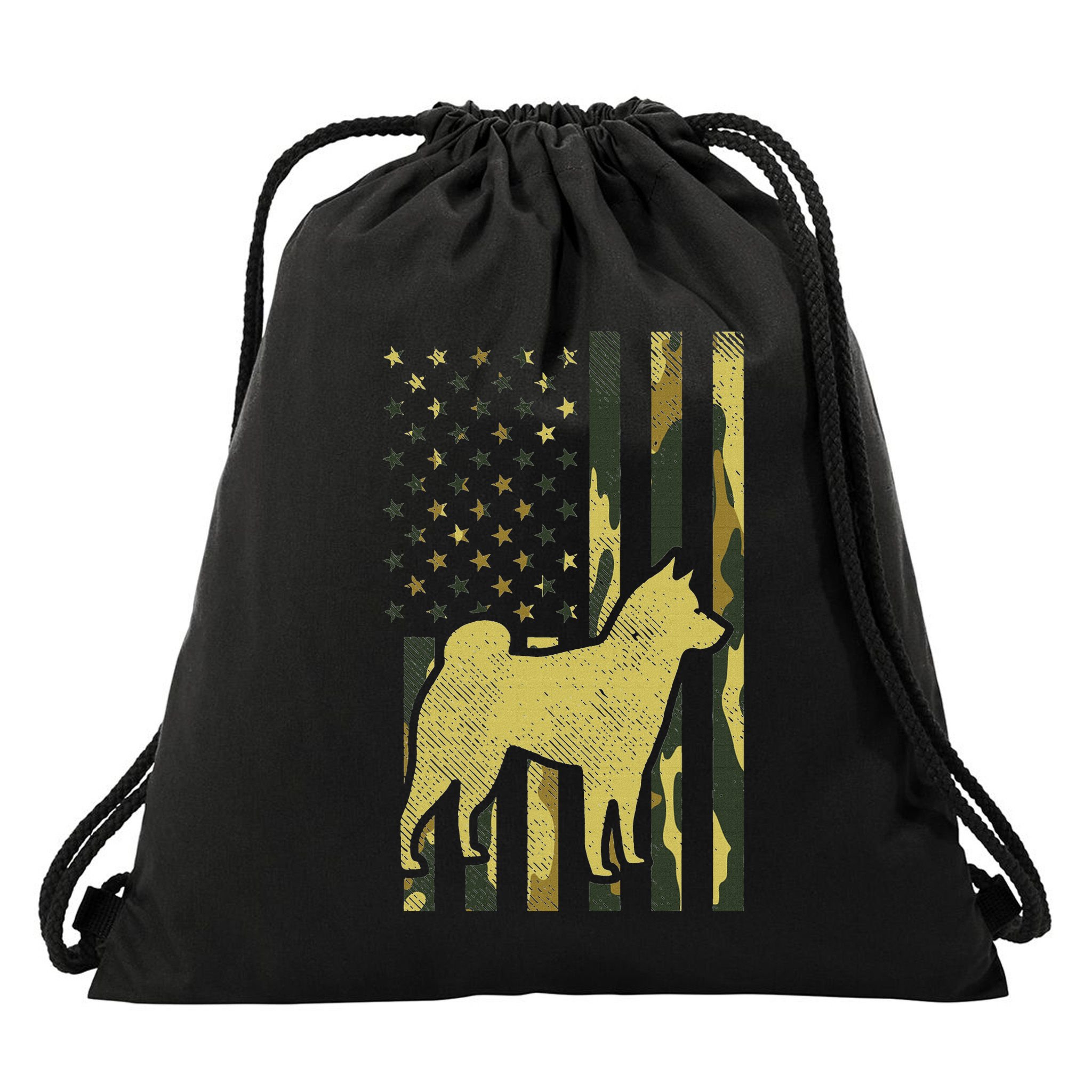Camo Us Flag Shiba Inu Akita Pet Japanese Dog Patriotic Gift Drawstring Bag
