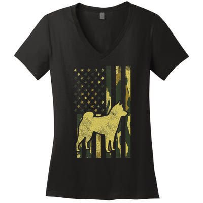 Camo Us Flag Shiba Inu Akita Pet Japanese Dog Patriotic Gift Women's V-Neck T-Shirt