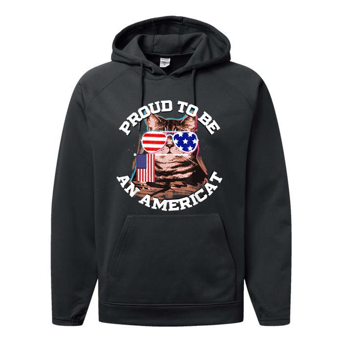 Cat US Flag Sunglasses Proud To Be An Americat Performance Fleece Hoodie