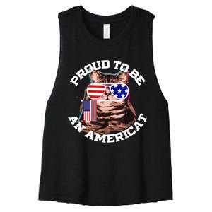 Cat US Flag Sunglasses Proud To Be An Americat Women's Racerback Cropped Tank