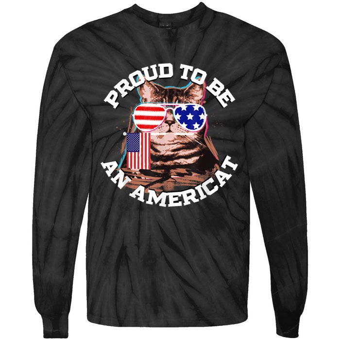 Cat US Flag Sunglasses Proud To Be An Americat Tie-Dye Long Sleeve Shirt