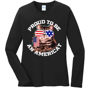 Cat US Flag Sunglasses Proud To Be An Americat Ladies Long Sleeve Shirt