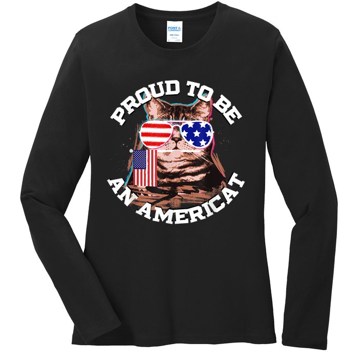 Cat US Flag Sunglasses Proud To Be An Americat Ladies Long Sleeve Shirt