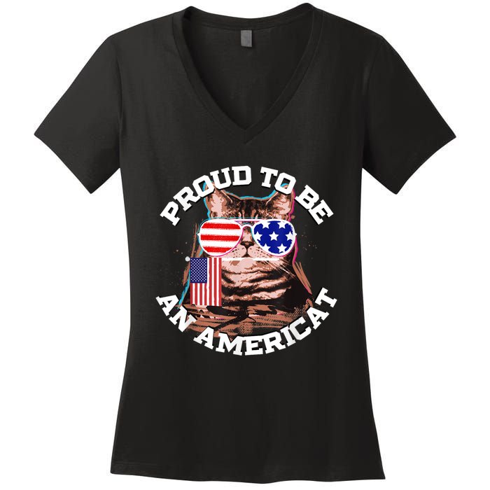 Cat US Flag Sunglasses Proud To Be An Americat Women's V-Neck T-Shirt