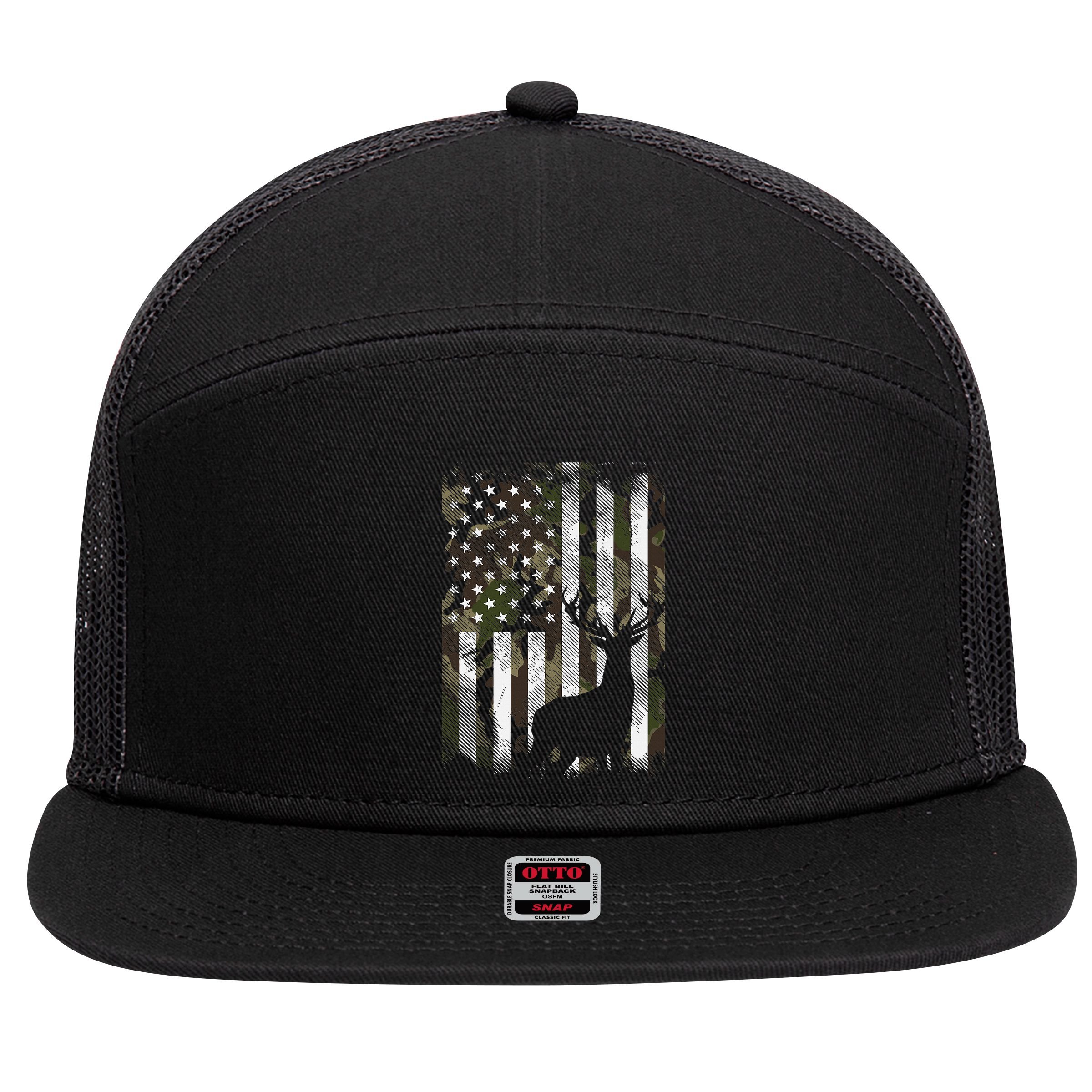 Camo Us Flag Deer Elk Buck Camoflage Hunting Hunter Dad 7 Panel Mesh Trucker Snapback Hat