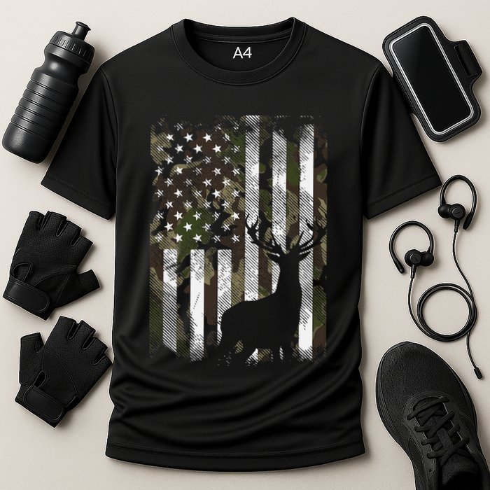 Camo Us Flag Deer Elk Buck Camoflage Hunting Hunter Dad Cooling Performance Crew T-Shirt